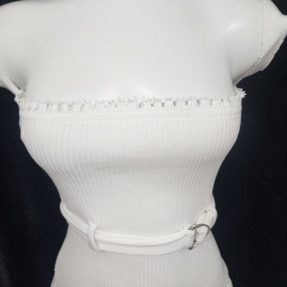 Hot & Delicious Fitted Stretch Mini Dress White W/Arm Cuffs & Cargo Pockets Sz M - Picture 3 of 14